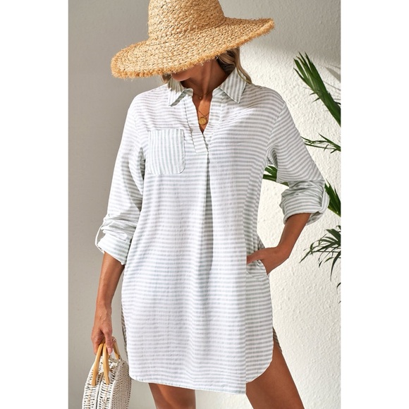 Other - White Stripe Collared V Neck Beach Cover up